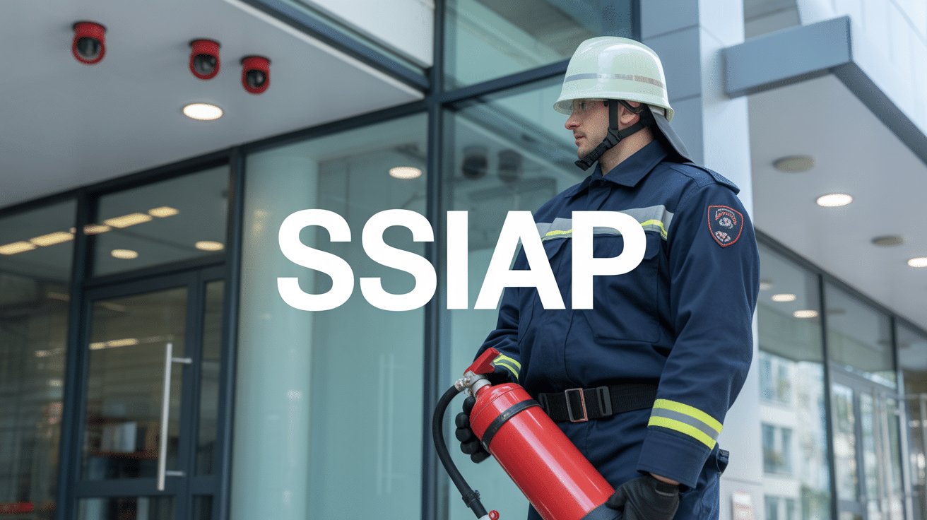 Agent securite ssiap avec extincteur devant batiment