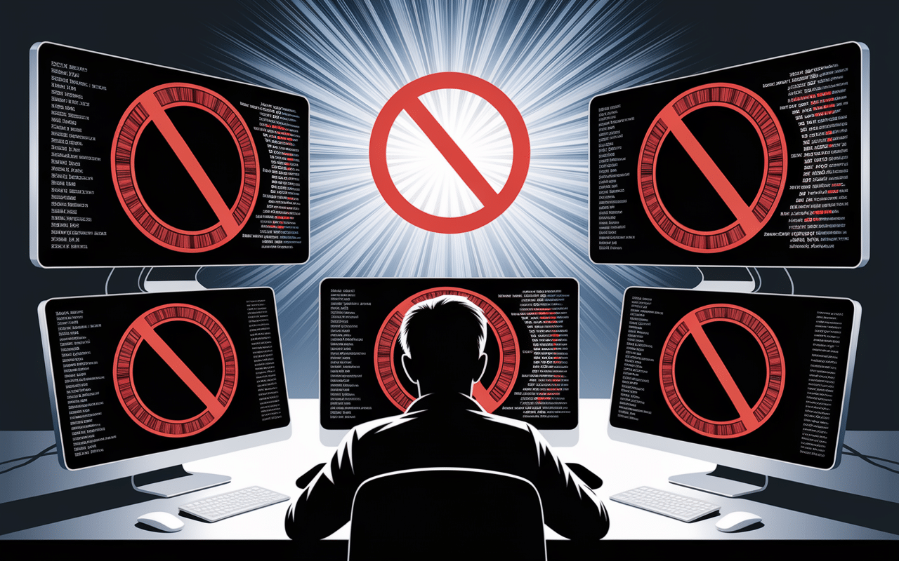 concept de censure numerique crowdbunker avec ecrans interdiction et createur frustré