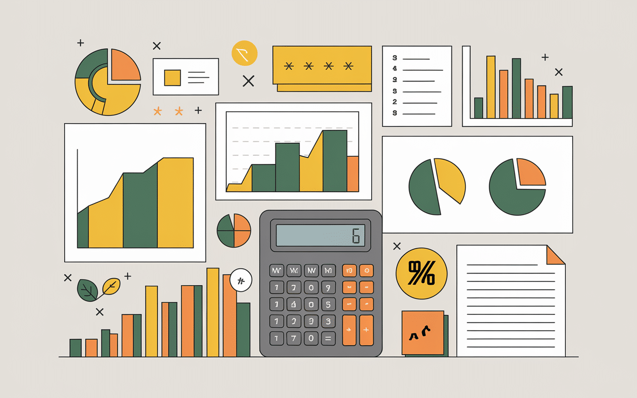Illustration tableau de bord financier avec graphiques et calculatrice