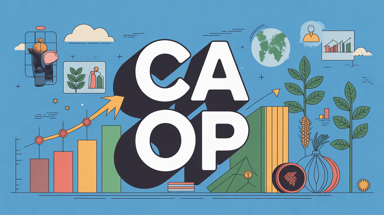 Illustration CA OP avec graphiques et icônes sur fond bleu