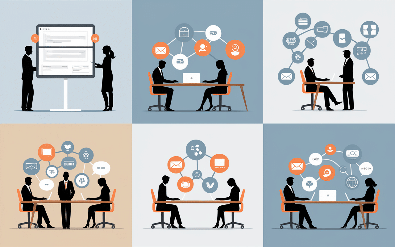 Professionals on laptops with mail interfaces