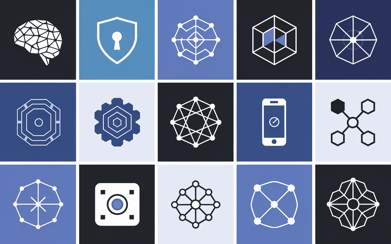 Mosaïque d'icônes technologiques intelligence artificielle cybersécurité