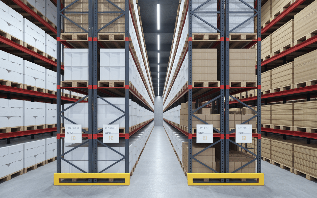 Entrepôt avec types de papier et étiquettes prix