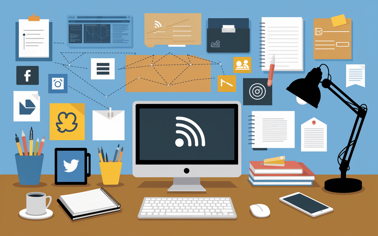 Bureau avec notifications et réseaux sociaux