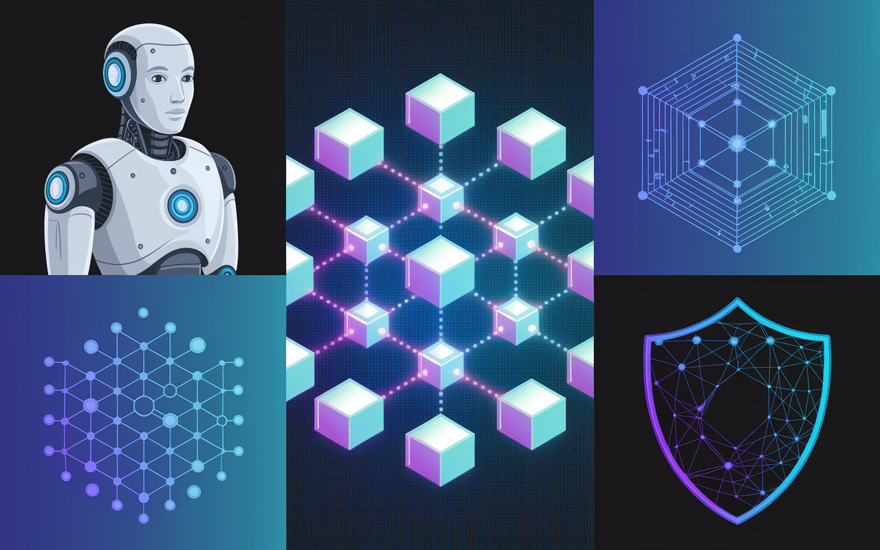 Collage tendances technologiques IA blockchain cybersécurité