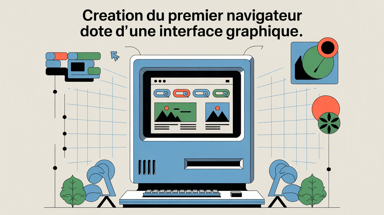 Illustration de la création du premier navigateur doté d'une interface graphique vintage