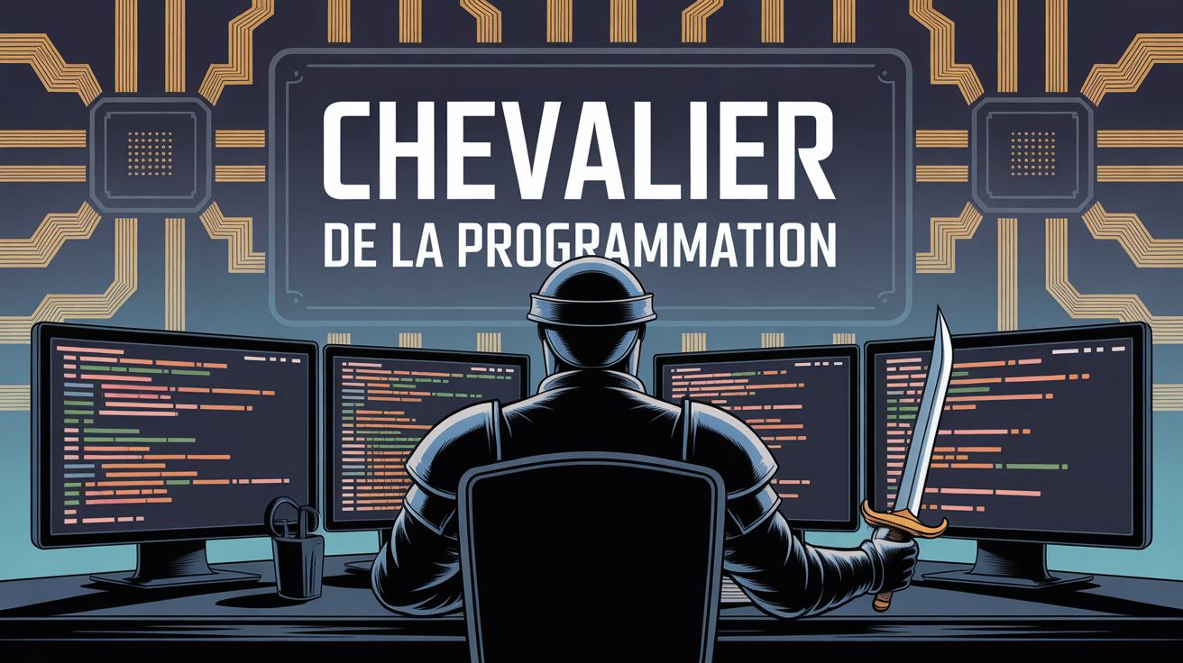 Chevalier de la programmation devant écrans de code