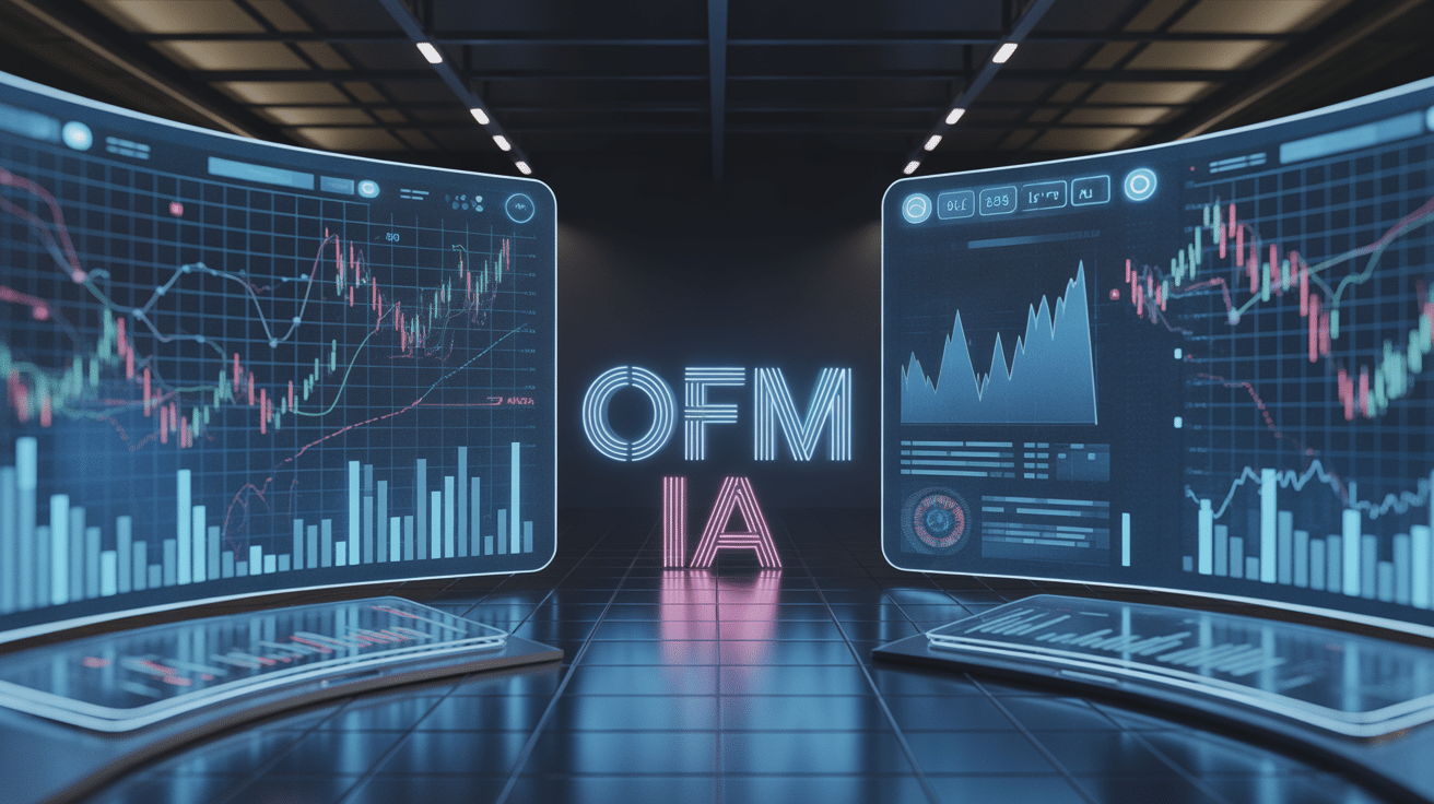 Illustration bureau OFM IA avec écrans financiers et flux de données