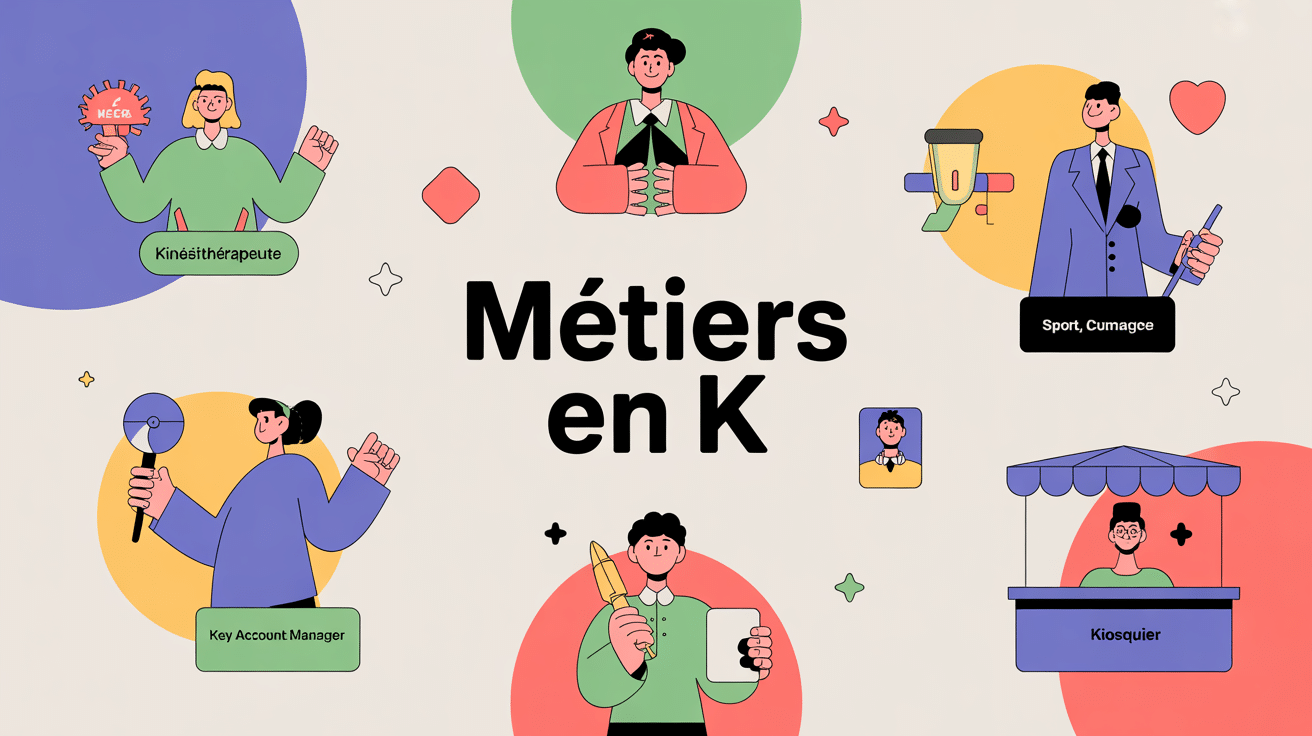 Illustration métiers en k avec kinésithérapeute, karatéka, key account manager, kiosquier