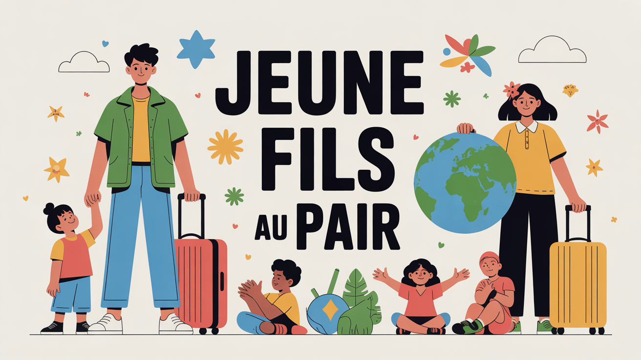 illustration jeune fils au pair globe et famille