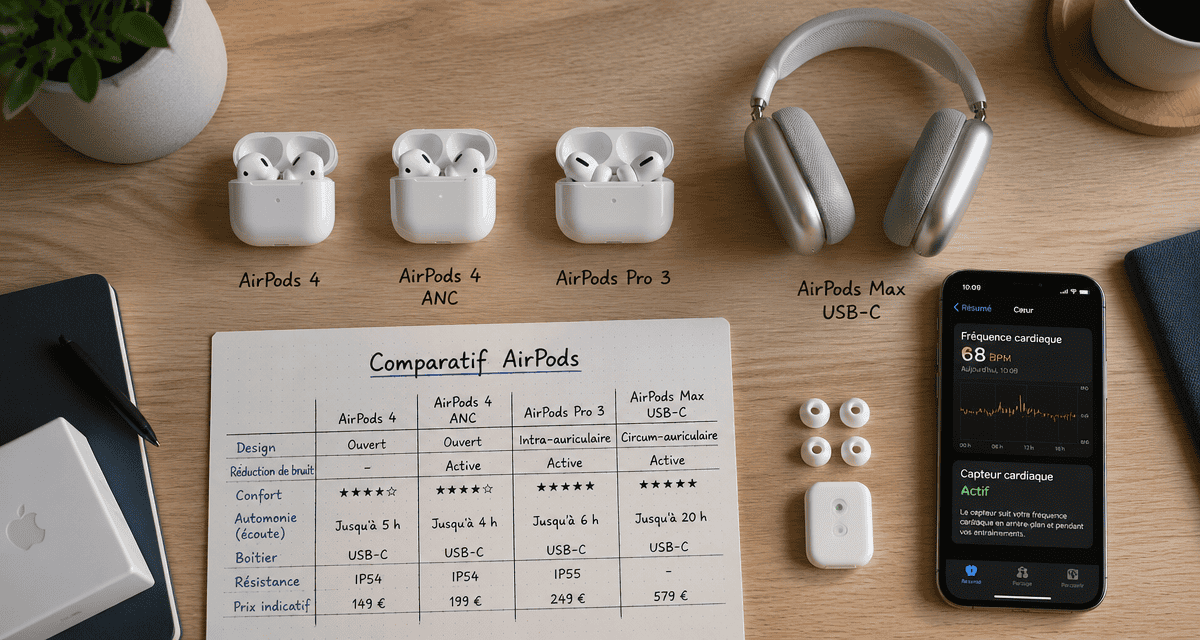 comparatif airpods tous modèles sur table