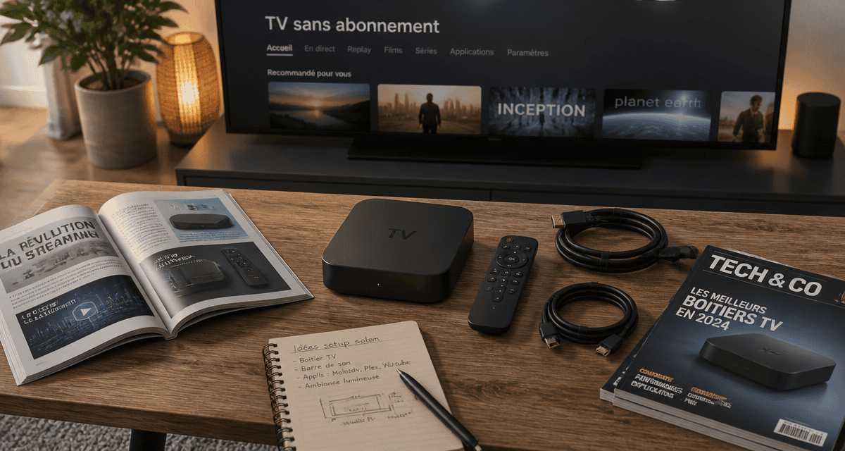 boîtier tv sans abonnement et télécommande sur table