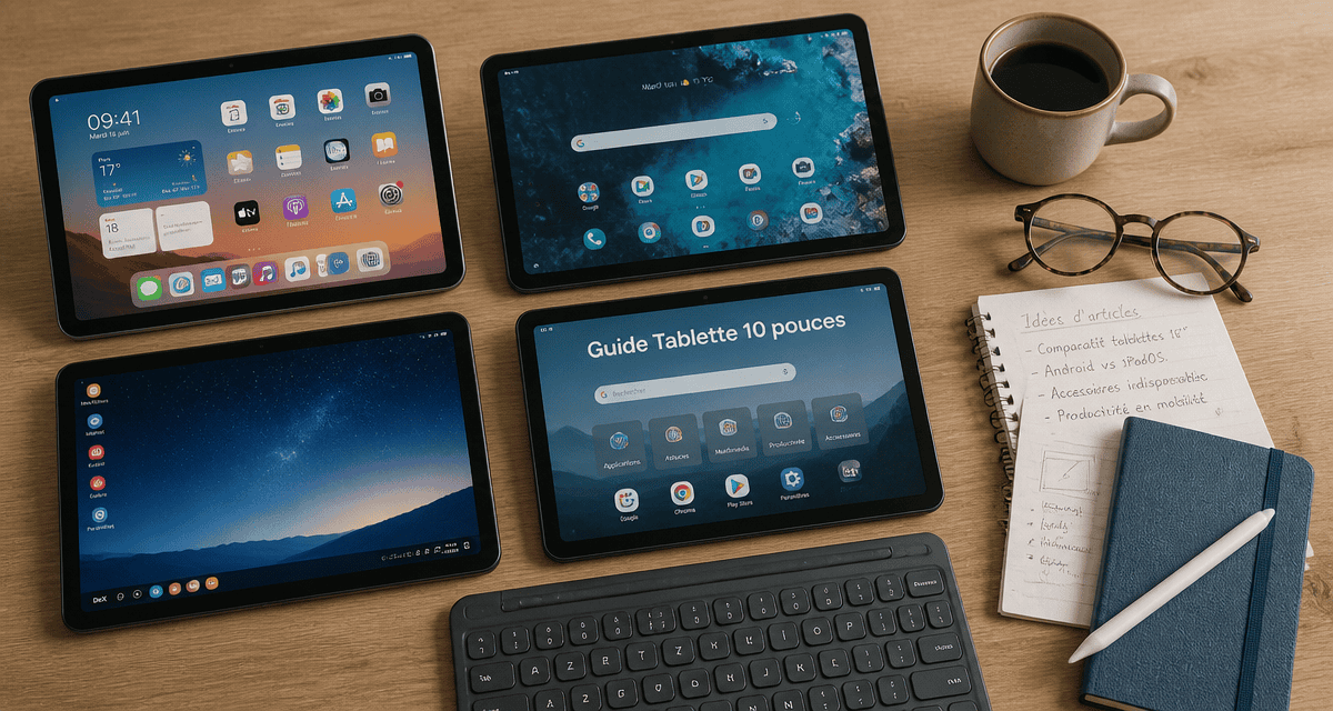 comparatif tablette 10 pouces, quatre modèles sur bureau