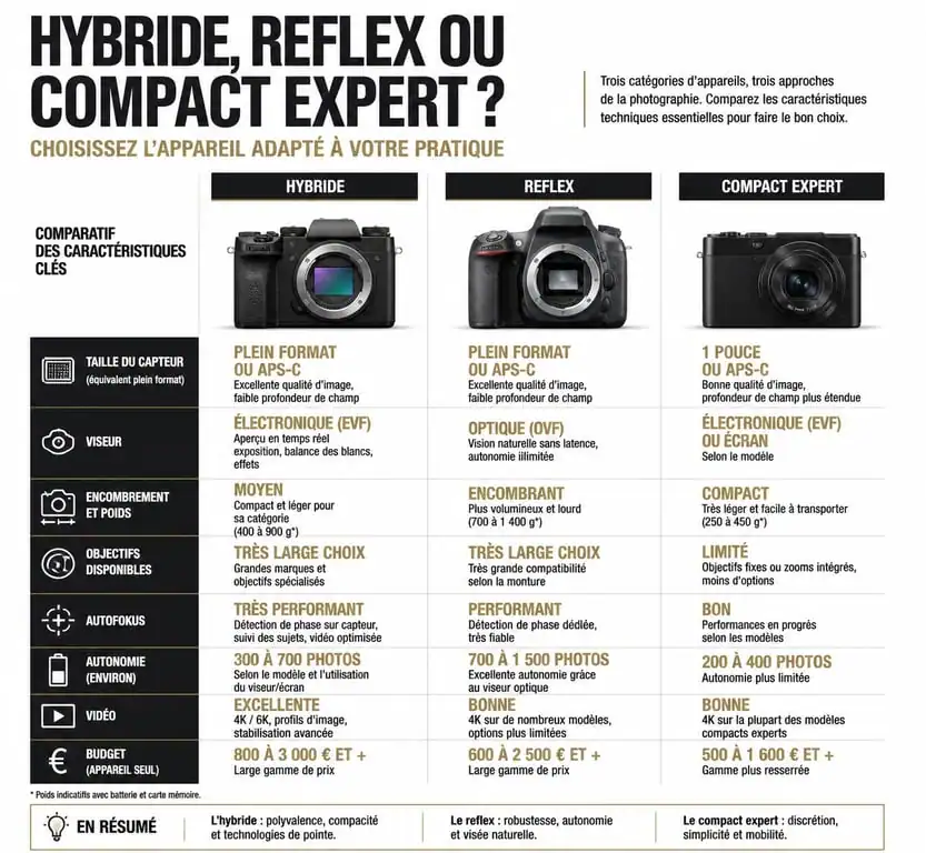 Comparatif appareil photo hybride, reflex et compact expert