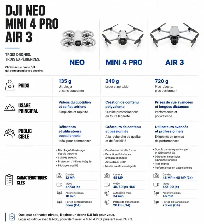 Comparatif des meilleurs drones DJI : Neo, Mini 4 Pro et Air 3 pour choisir le modèle adapté à votre usage.