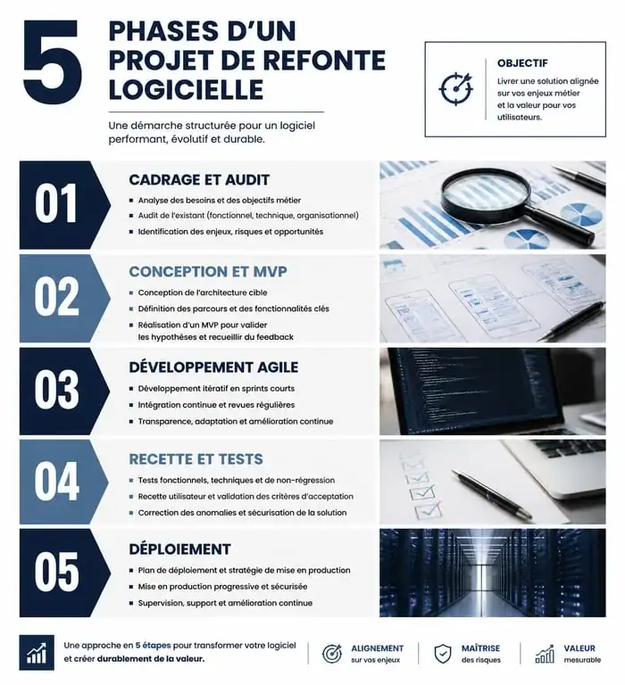 Infographie des 5 étapes clés d'une refonte logicielle réussie