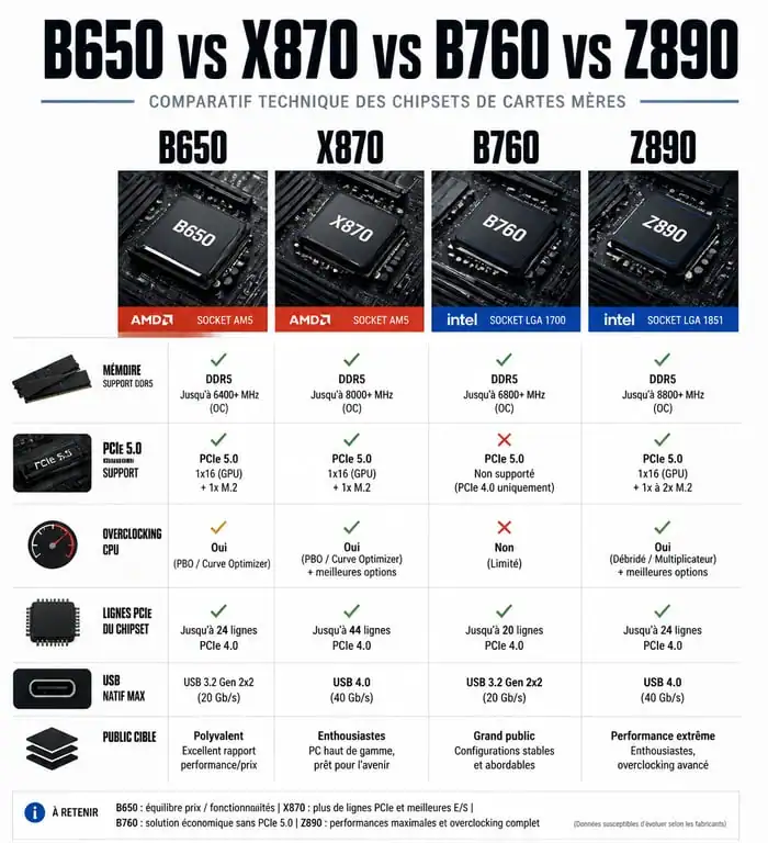 Comparatif technique des chipsets de cartes mères B650 X870 B760 Z890