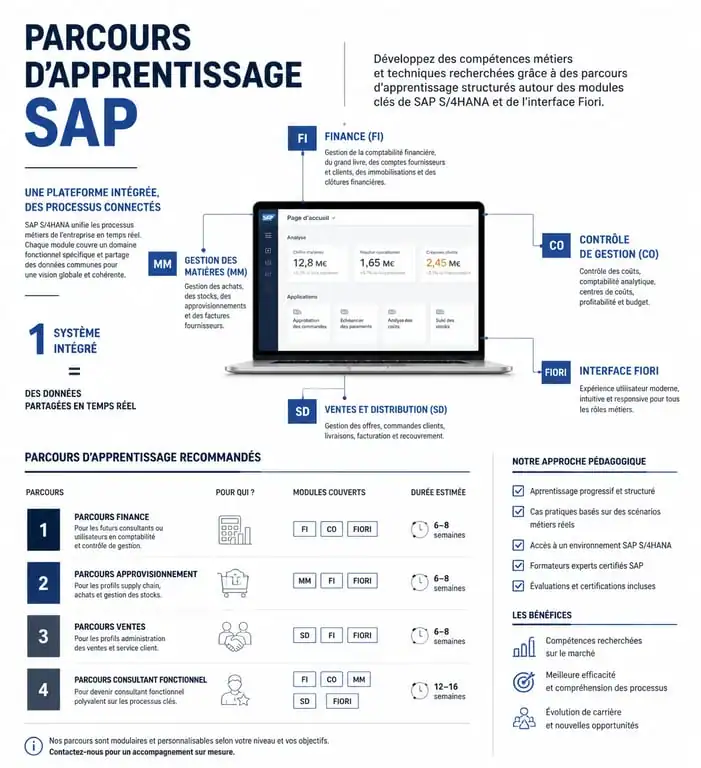 Infographie des parcours de formation SAP gratuite et des modules clés pour les débutants