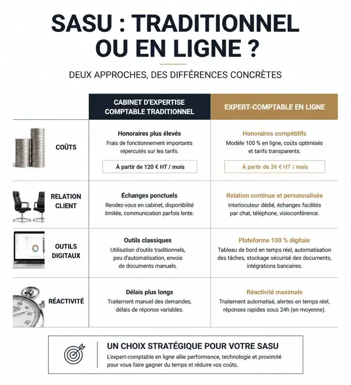 Comparatif expert-comptable SASU : cabinet traditionnel vs en ligne