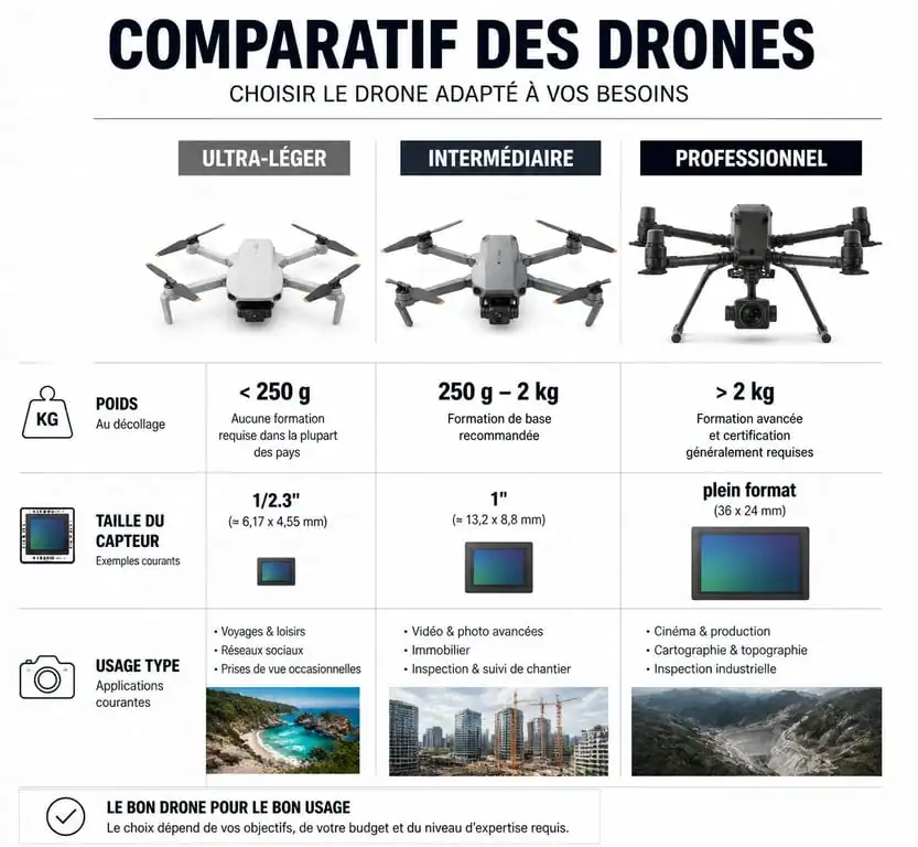 Infographie comparative des catégories de drones pour choisir son modèle idéal