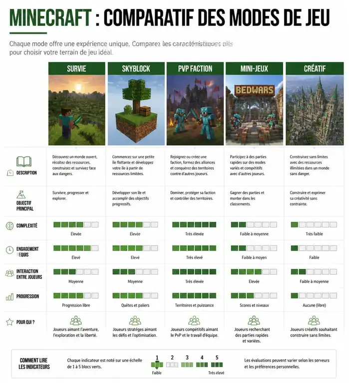 Infographie comparative des meilleurs serveurs Minecraft par mode de jeu