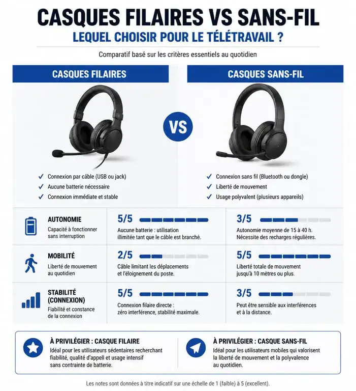 Infographie comparative des casques pour le télétravail : filaire vs sans-fil pour choisir le meilleur casque télétravail.