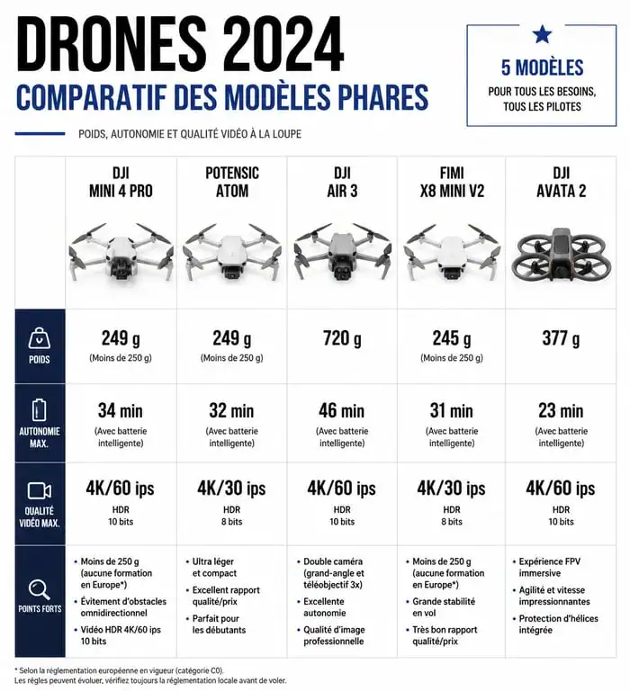 Comparatif des meilleurs drones 2024 : poids, autonomie et qualité vidéo