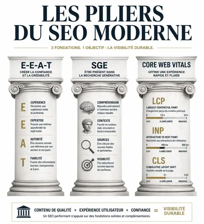 Infographie des piliers du SEO moderne : E-E-A-T, SGE et Core Web Vitals