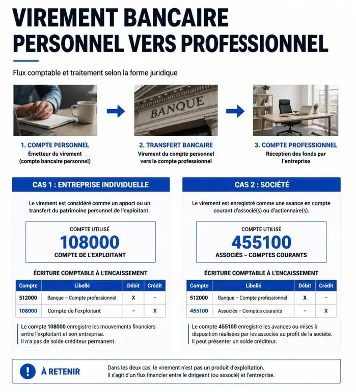 Schéma comptable du virement d'un compte personnel vers un compte professionnel pour entreprise individuelle et société