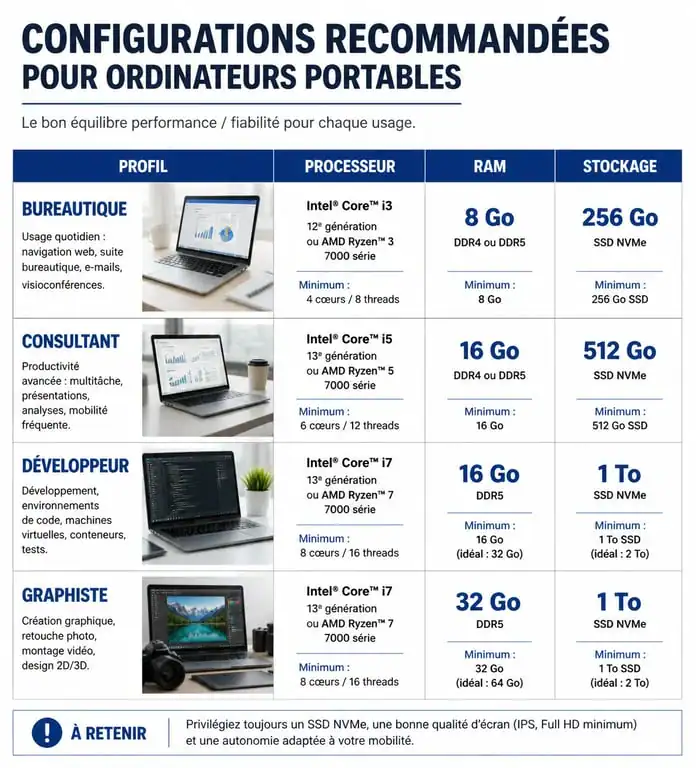 Infographie des configurations recommandées pour choisir un ordinateur portable pour travailler selon son métier