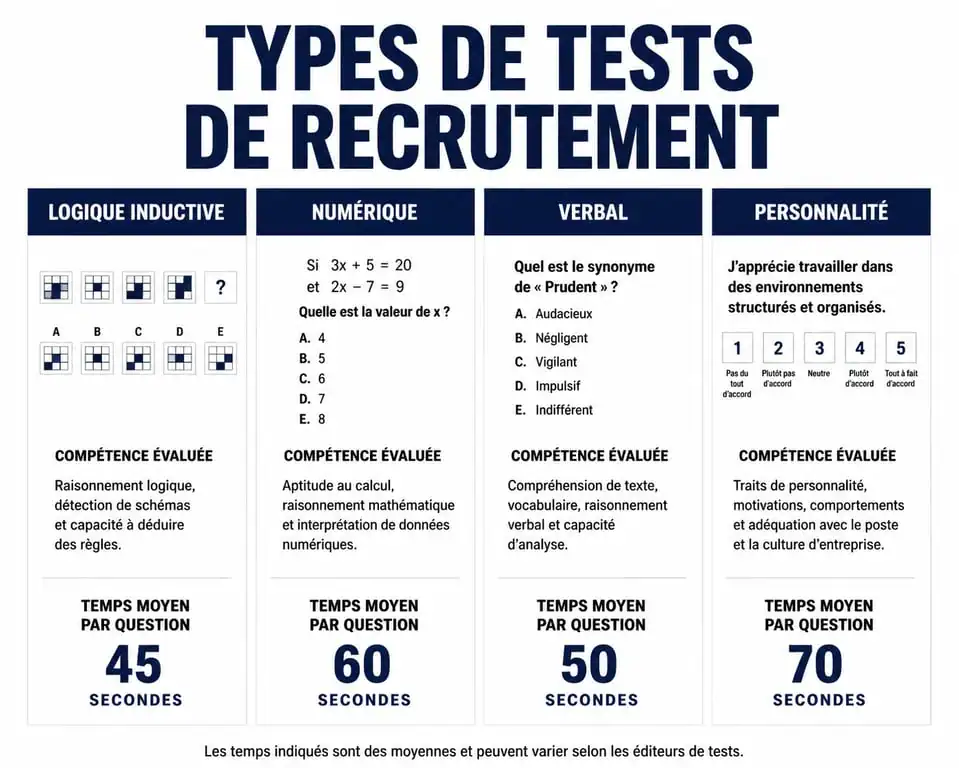 Infographie récapitulative des types de tests de recrutement : logique, numérique, verbal et personnalité avec temps moyen par exercice.