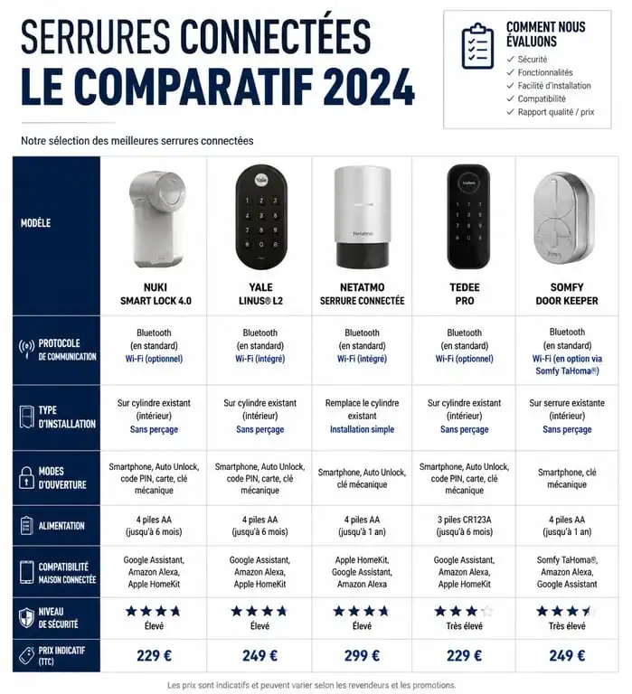 Infographie comparative des meilleures serrures connectées : Nuki, Aqara, Yale et SwitchBot.
