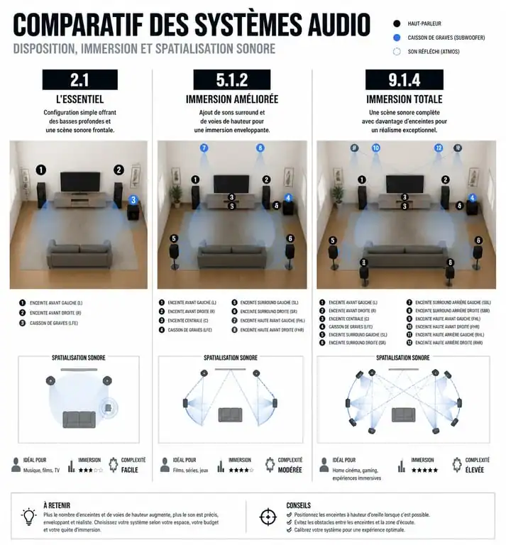 Infographie comparative des configurations de barres de son 2.1, 5.1.2 et 9.1.4 pour un comparatif barre de son