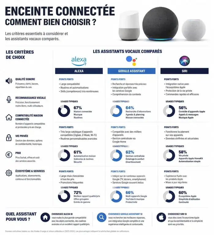 Infographie comparative des meilleures enceintes connectées et assistants vocaux