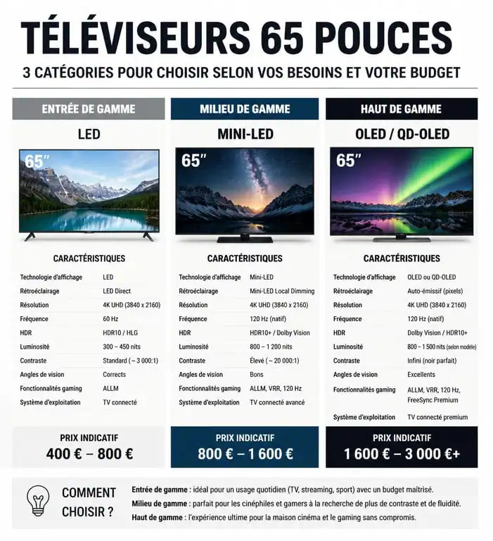Comparatif des gammes de téléviseurs 65 pouces : Entrée, Milieu et Haut de gamme pour choisir la meilleure TV 65 pouces.