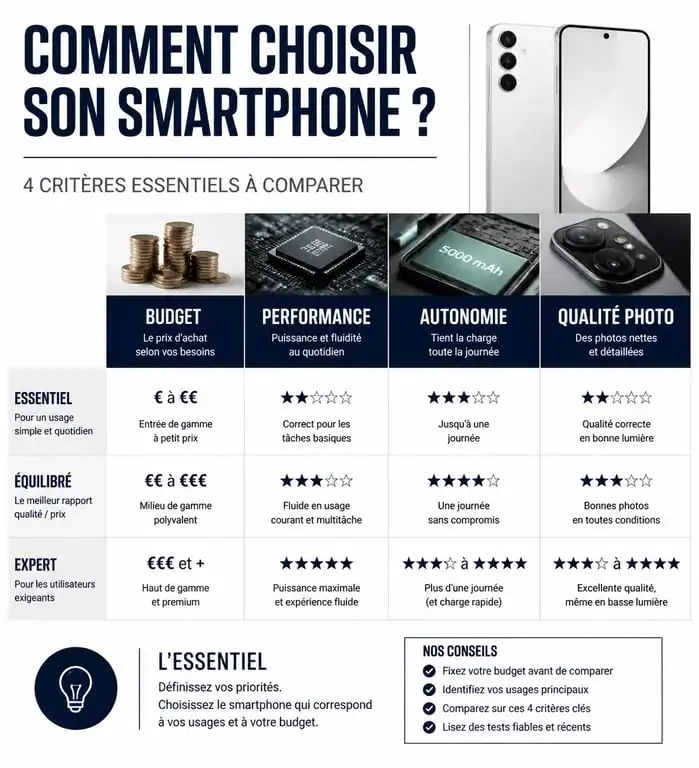 Infographie des critères essentiels pour choisir son smartphone en 2026