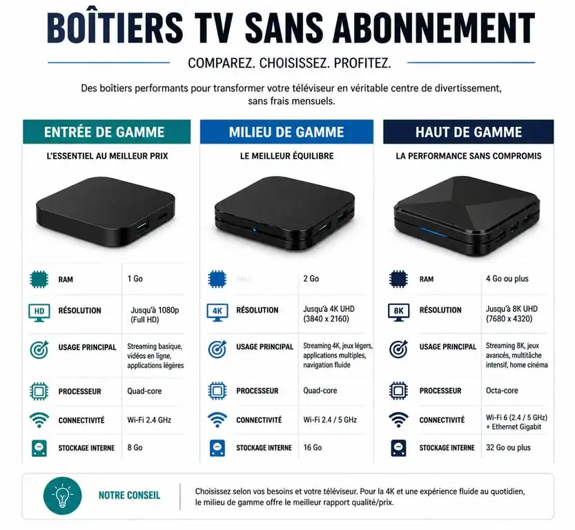 Comparatif des boîtiers TV sans abonnement : caractéristiques et usages