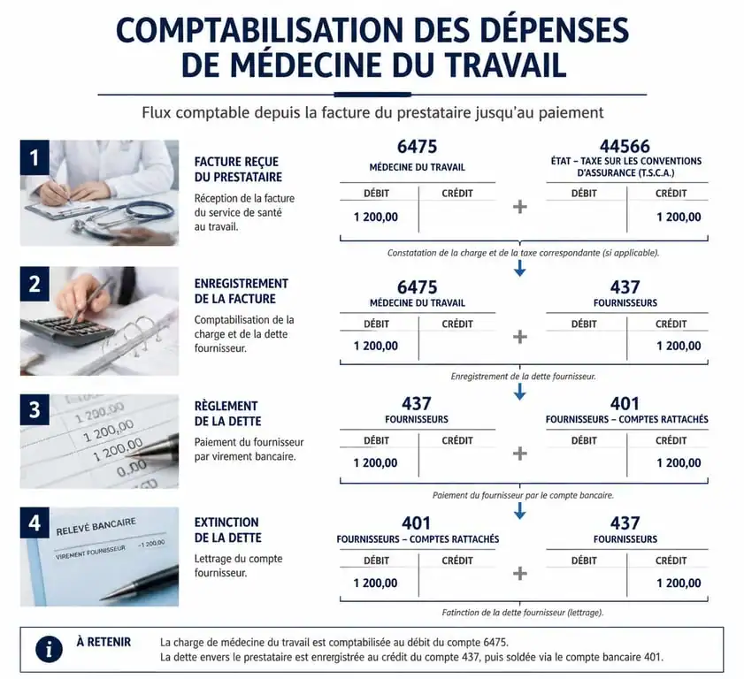 Infographie comptable illustrant l'enregistrement des frais de médecine du travail dans le compte 6475