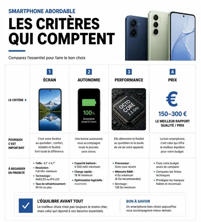 Infographie comparative des critères pour choisir le meilleur smartphone pas cher selon le budget et les besoins
