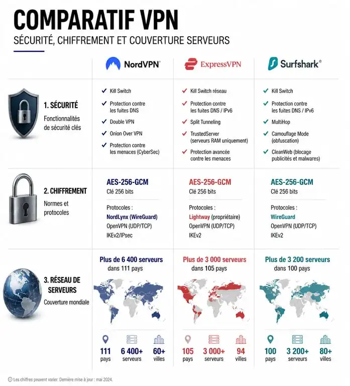 Infographie comparative des fonctionnalités de sécurité et performances de iTop VPN