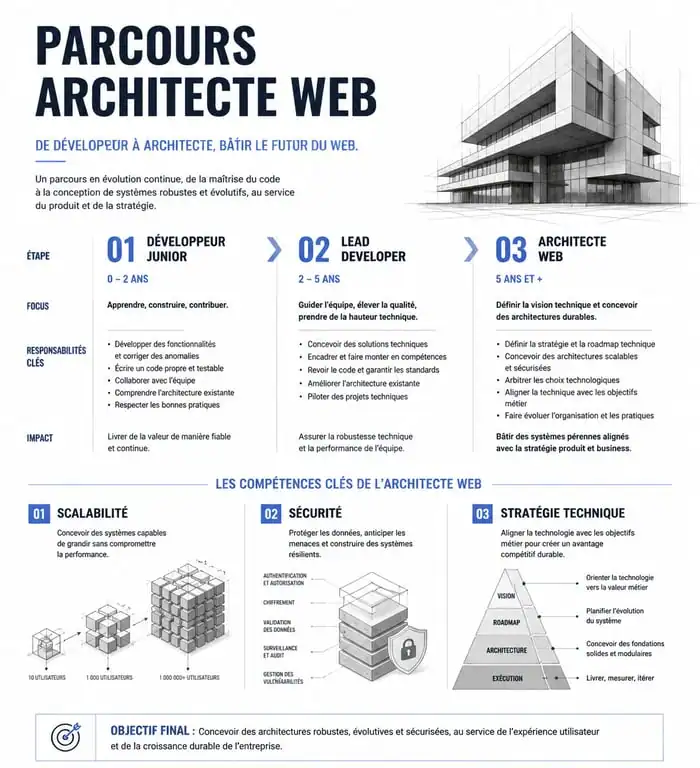 Infographie illustrant le parcours et les compétences clés du métier d'architecte web
