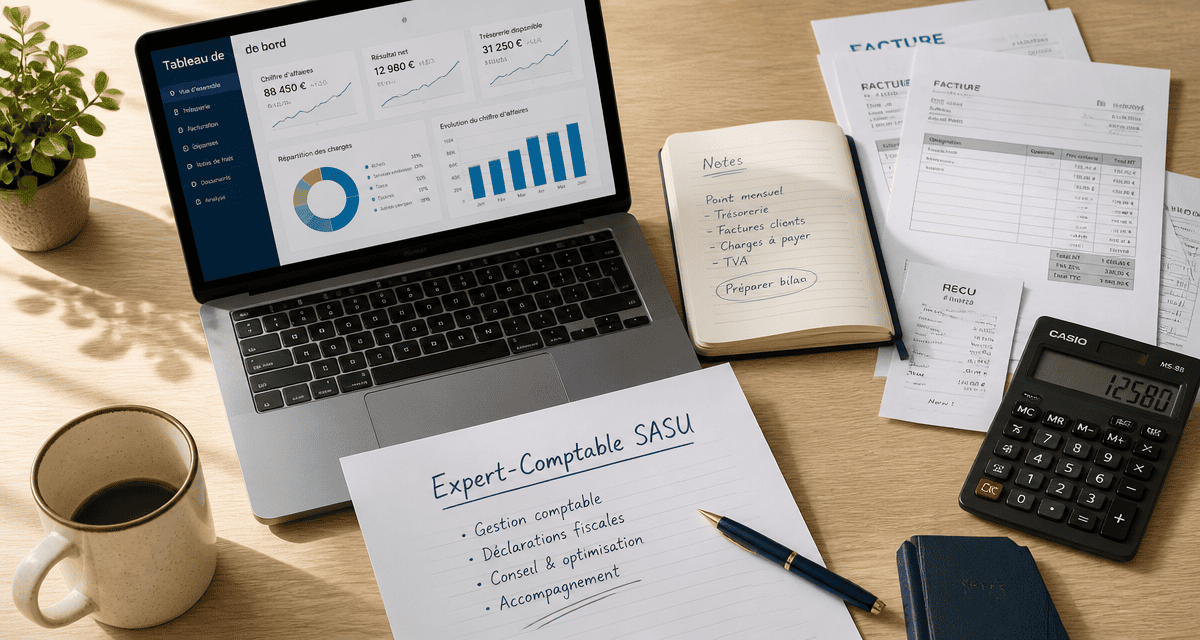Bureau expert comptable SASU avec ordinateur et documents