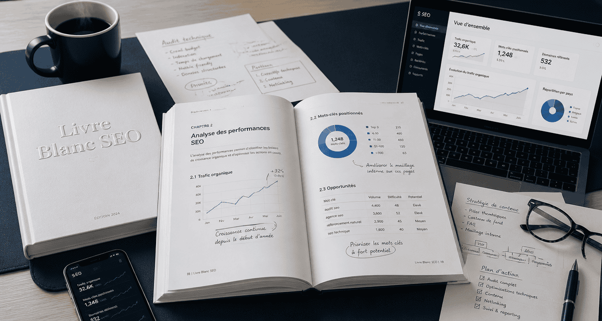 livre blanc seo sur un bureau avec outils