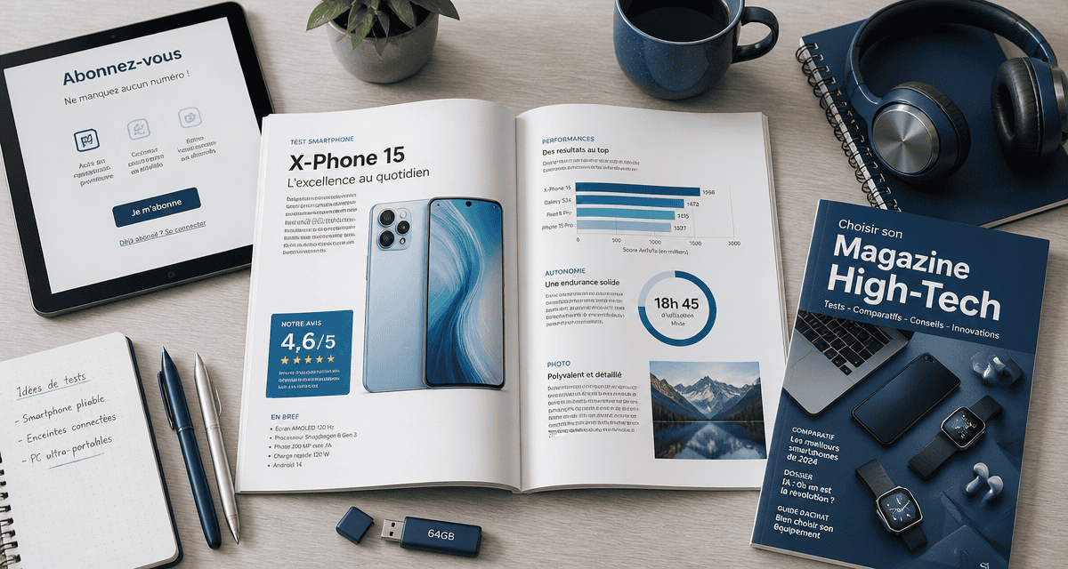 magazine high tech ouvert sur bureau moderne