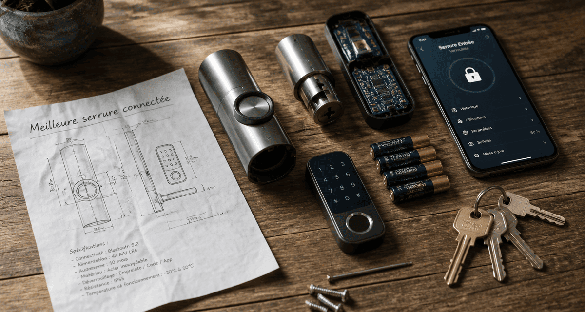 Meilleure serrure connectée démontée avec smartphone et clés