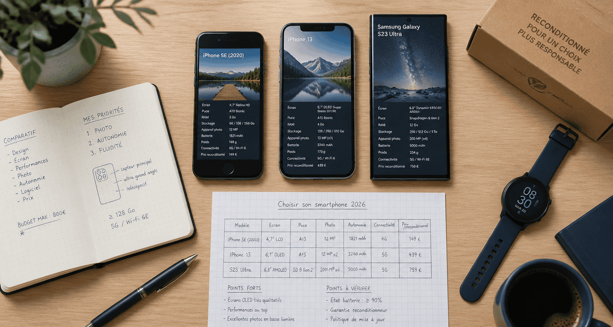 quel smartphone choisir 2026 flat lay bureau moderne