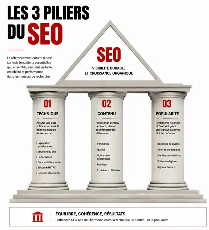 Infographie des trois piliers du SEO : technique, contenu et popularité pour une stratégie de référencement naturel efficace.