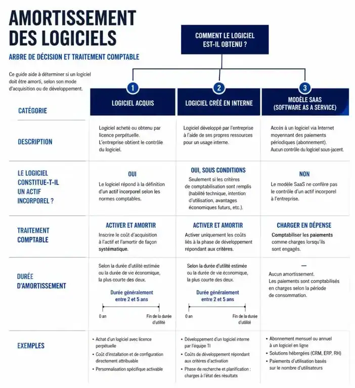 Schéma décisionnel pour l'amortissement logiciel : acquis, créé ou SaaS
