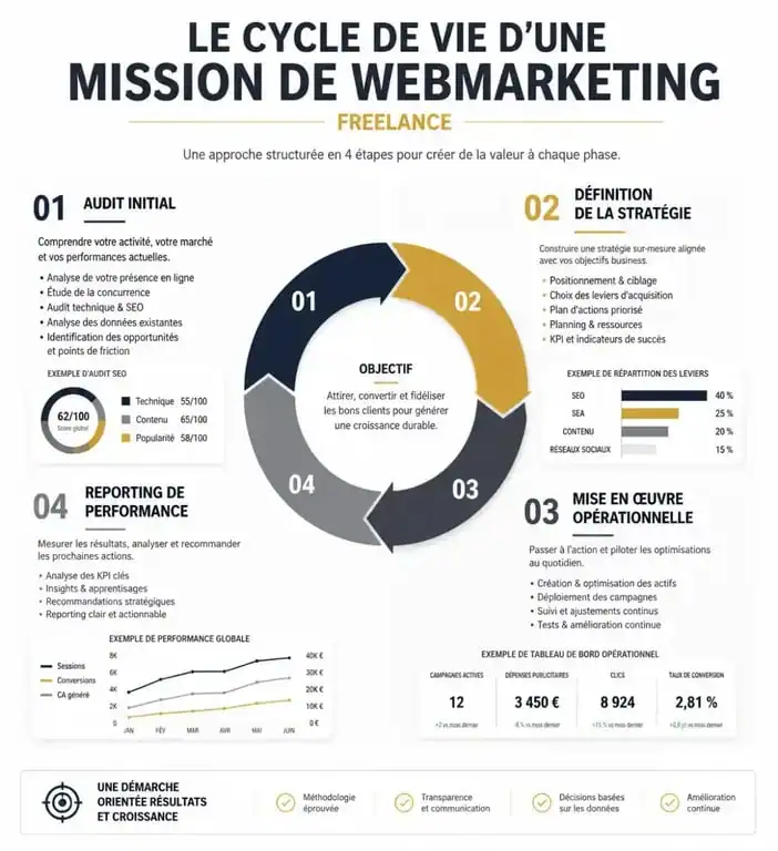 Cycle de vie d'une mission de webmarketing freelance : de l'audit au reporting de performance