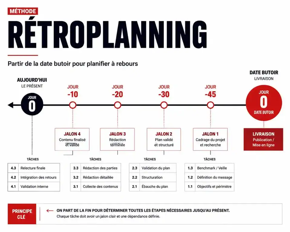 Schéma explicatif de la méthode de rétroplanning : planification inversée depuis la date butoir